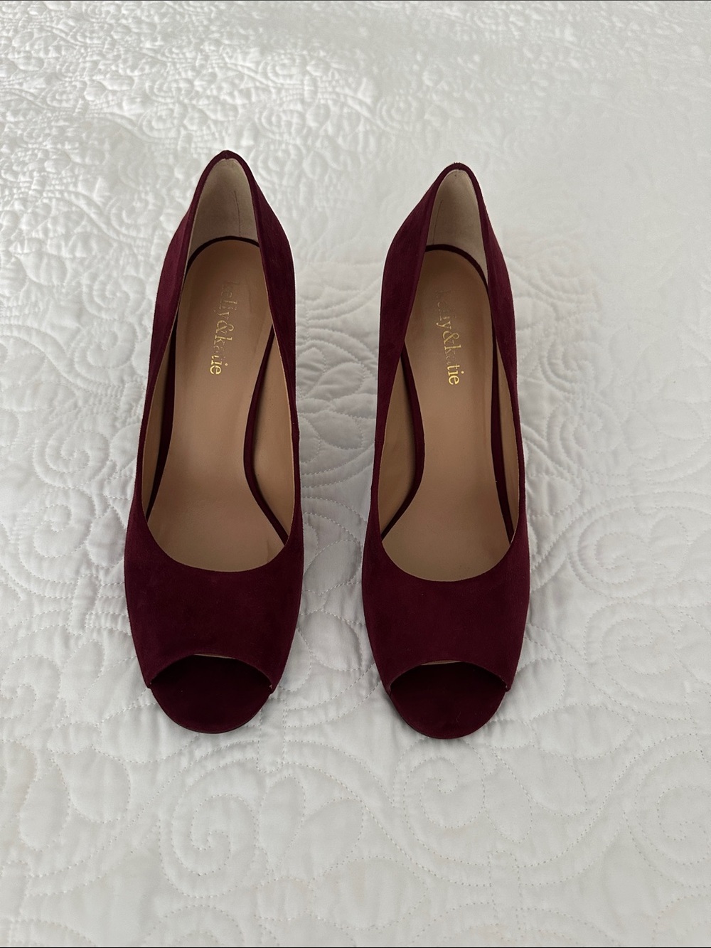 Kelly & Katie Burgundy Suede Peep-Toe Heels